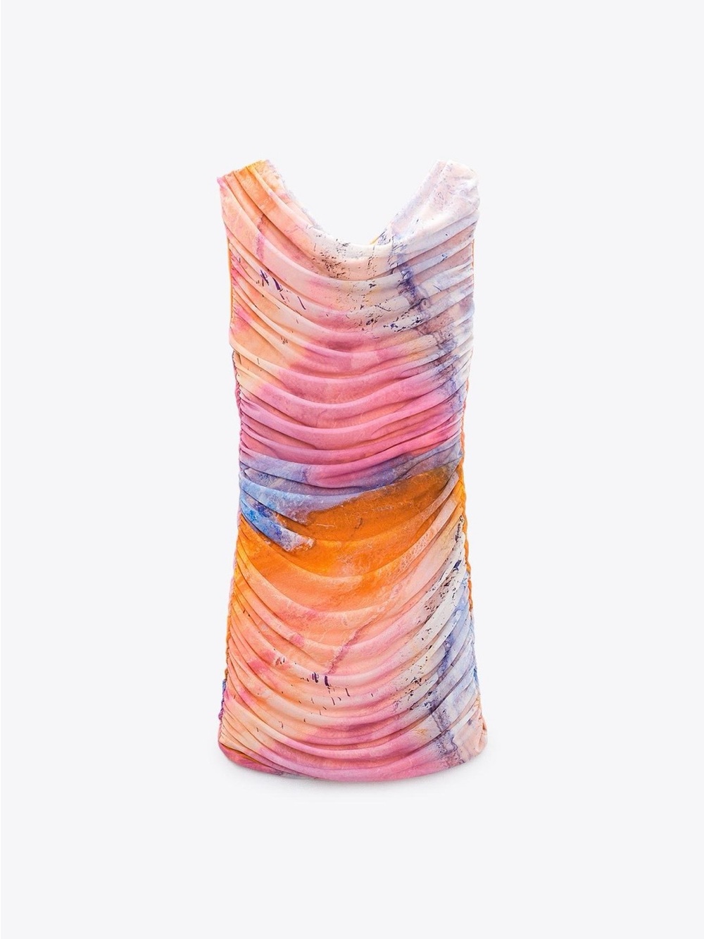 Ruched Multicolor Watercolor Print Dress - Pink, Orange, Blue